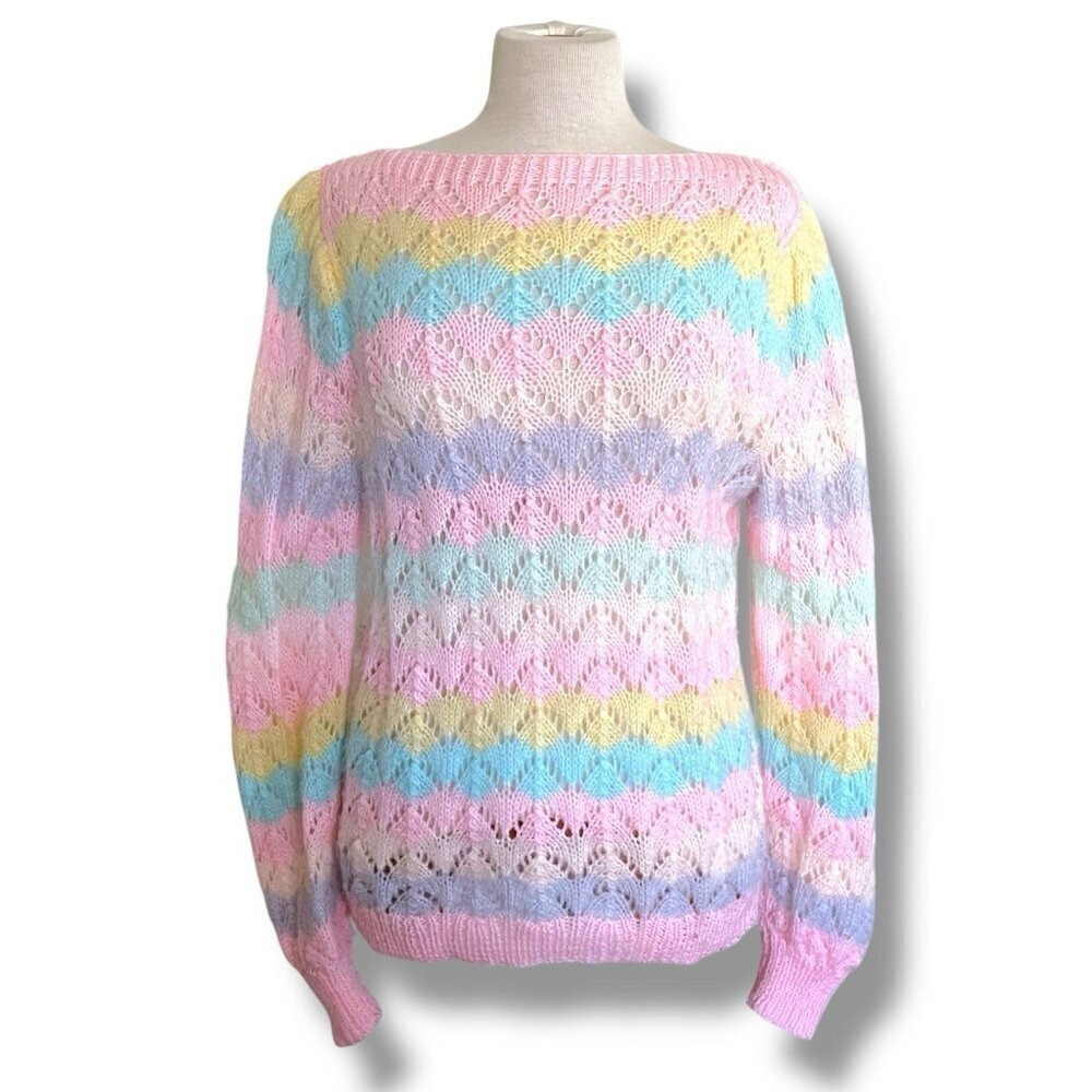 Vintage 1970s Womens Hand Knit Sweater Sz Medium Pointelle Pastel Fairy Kei